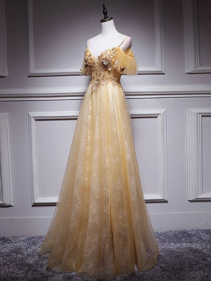 Gold V Neck Tulle Lace Long Prom Dress, Gold Tulle Evening Dress ED0879