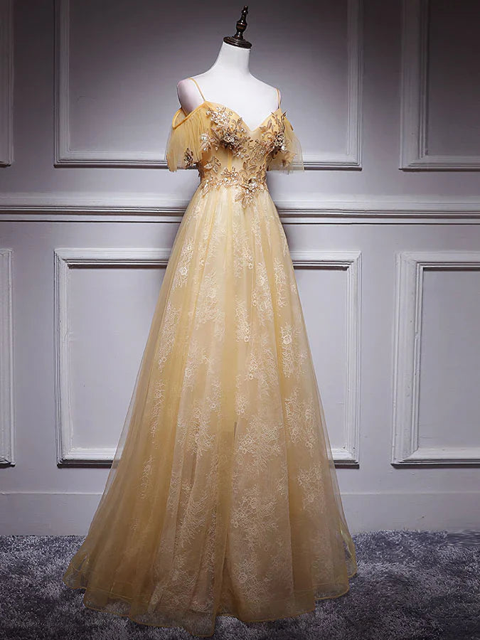 Gold V Neck Tulle Lace Long Prom Dress, Gold Tulle Evening Dress ED0879