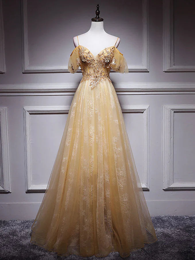 Gold V Neck Tulle Lace Long Prom Dress, Gold Tulle Evening Dress ED0879