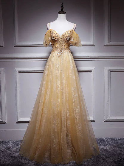 Gold V Neck Tulle Lace Long Prom Dress, Gold Tulle Evening Dress ED0879