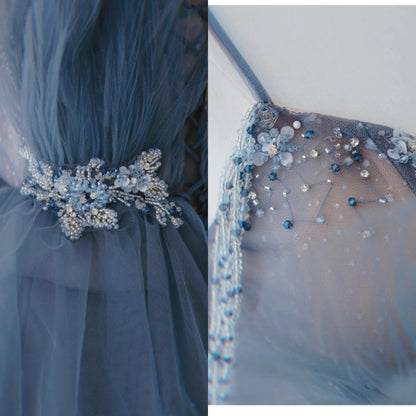 Dusty Blue Tulle Sequin Long Prom Dress, Gray Blue Tulle Formal Dress ED0881
