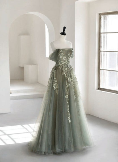 Olive Green A-Line  Off Shoulder Tulle Lace Long Prom Dress, Green Tulle Formal Dress ED0882