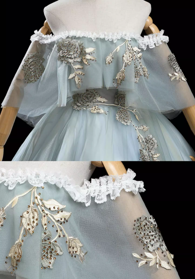 Gray Green A-Line Tulle Lace Long Prom Dress, Lace Evening Dress ED0883