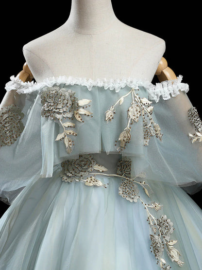 Gray Green A-Line Tulle Lace Long Prom Dress, Lace Evening Dress ED0883