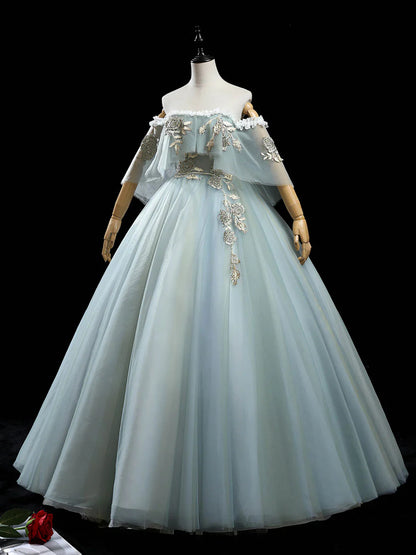 Gray Green A-Line Tulle Lace Long Prom Dress, Lace Evening Dress ED0883