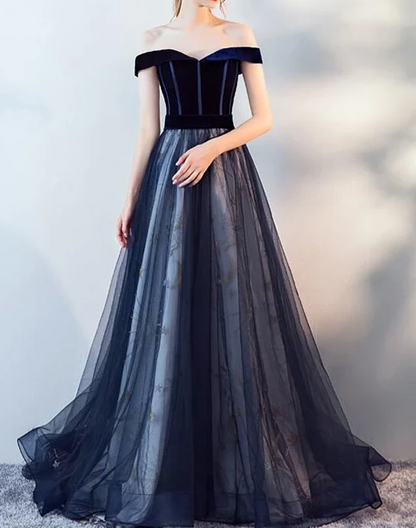 Dark Blue Tulle Velvet Long Prom Dress, Blue Evening Dress ED0885