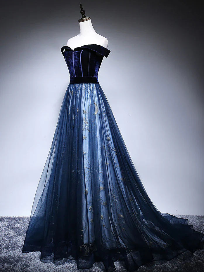 Dark Blue Tulle Velvet Long Prom Dress, Blue Evening Dress ED0885
