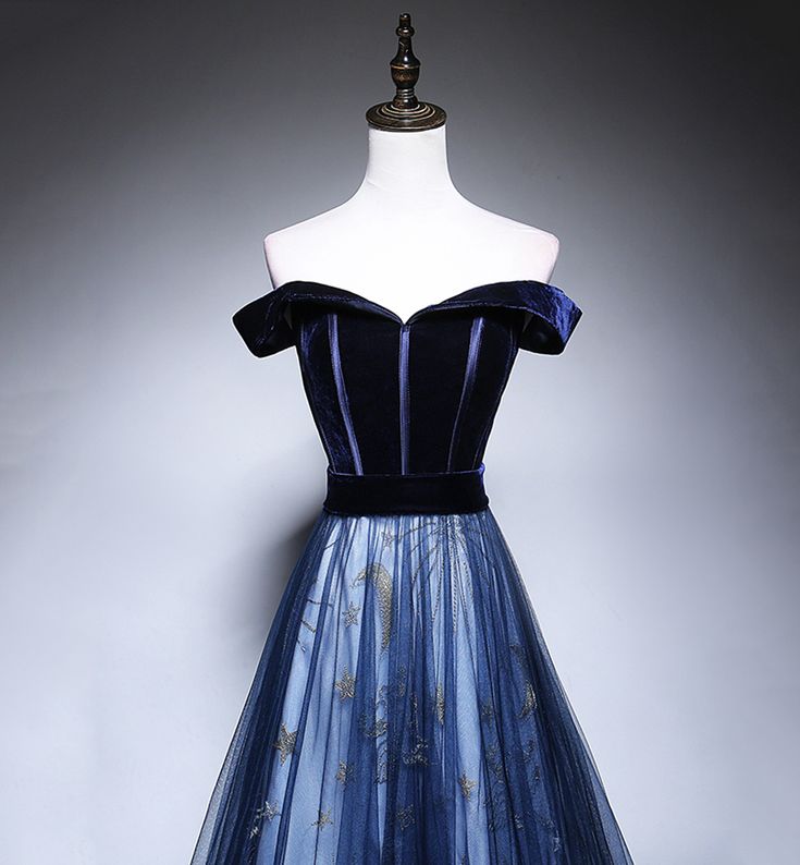 Dark Blue Tulle Velvet Long Prom Dress, Blue Evening Dress ED0885