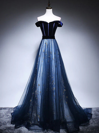 Dark Blue Tulle Velvet Long Prom Dress, Blue Evening Dress ED0885