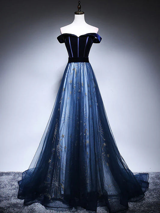 Dark Blue Tulle Velvet Long Prom Dress, Blue Evening Dress ED0885