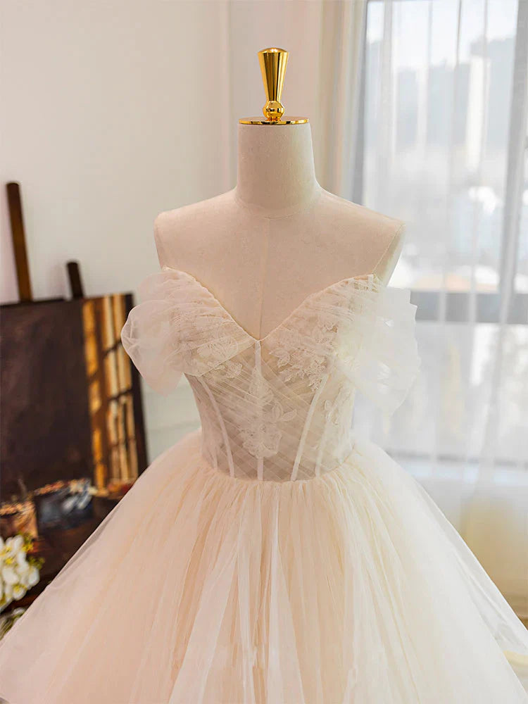 Champagne Sweetheart Neckline Tulle Lace Long Wedding Dress, Lace Bridal Dress ED0886