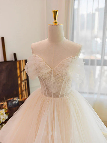 Champagne Sweetheart Neckline Tulle Lace Long Wedding Dress, Lace Bridal Dress ED0886