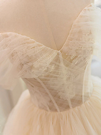 Champagne Sweetheart Neckline Tulle Lace Long Wedding Dress, Lace Bridal Dress ED0886