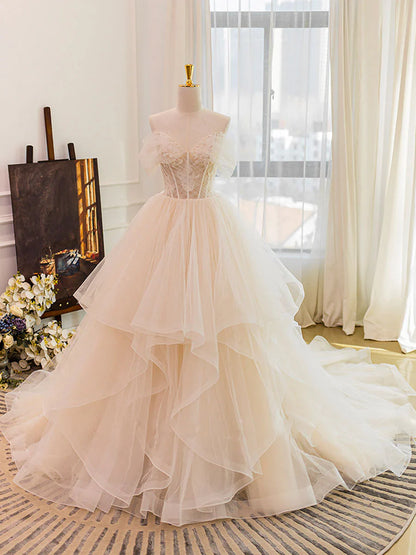 Champagne Sweetheart Neckline Tulle Lace Long Wedding Dress, Lace Bridal Dress ED0886