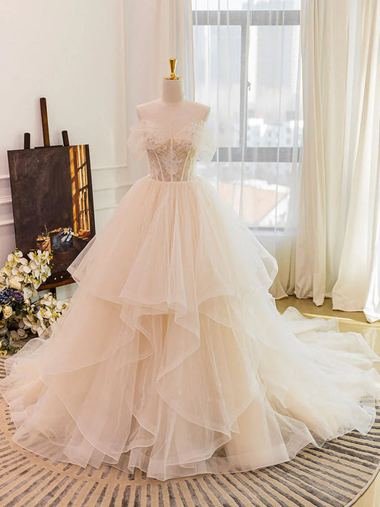 Champagne Sweetheart Neckline Tulle Lace Long Wedding Dress, Lace Bridal Dress ED0886