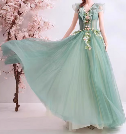 Green Tulle Lace Long Prom Gown, Tulle Lace Evening Dress ED0887