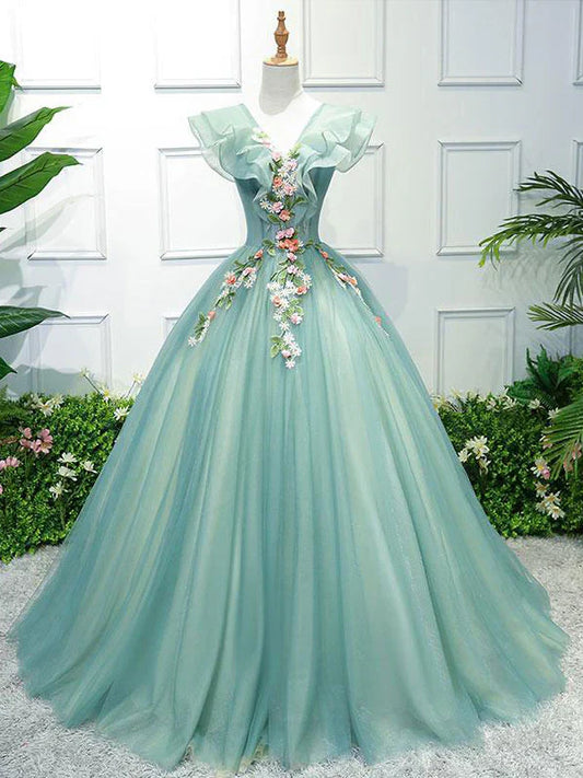 Green Tulle Lace Long Prom Gown, Tulle Lace Evening Dress ED0887