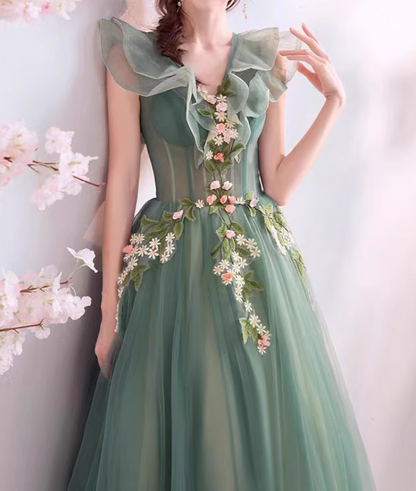 Green Tulle Lace Long Prom Gown, Tulle Lace Evening Dress ED0887