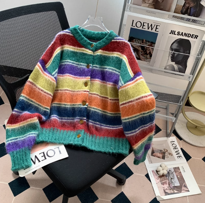 Dopamine color stripes retro contrast brushed cardigan ED0888