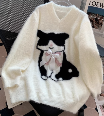 Cute Cat Loose V-Neck Long Sleeve Sweater ED0904