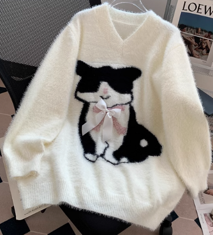 Cute Cat Loose V-Neck Long Sleeve Sweater ED0904