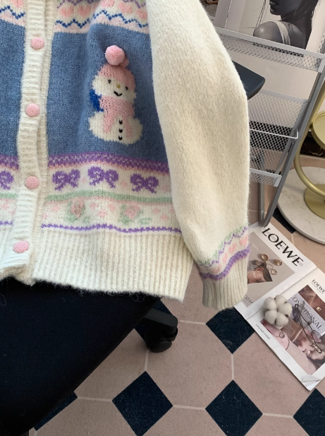 Cute snowman jacquard polo collar cardigan ED0906