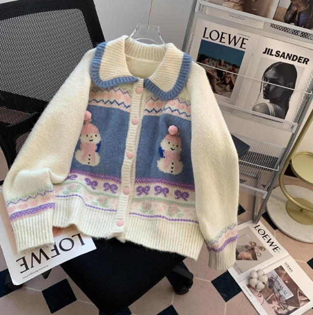 Cute snowman jacquard polo collar cardigan ED0906