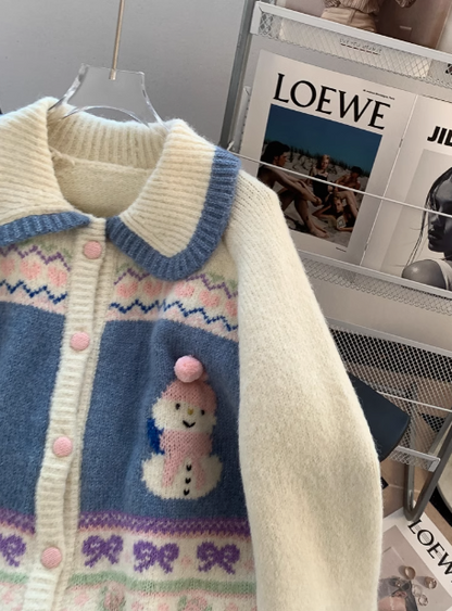Cute snowman jacquard polo collar cardigan ED0906