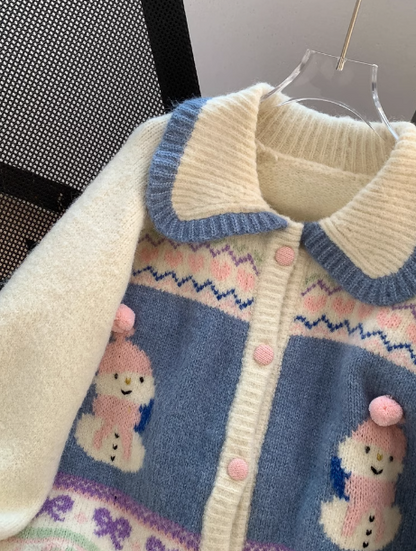 Cute snowman jacquard polo collar cardigan ED0906