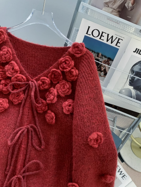 Gentle 3D Flower Red Cardigan Sweater ED0914