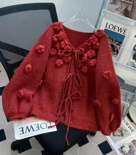 Gentle 3D Flower Red Cardigan Sweater ED0914