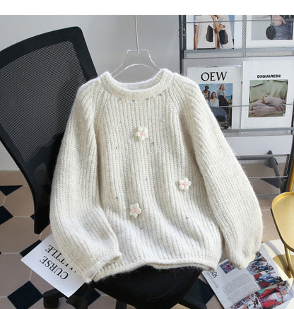 Heavy diamond-studded 3D flower pullover sweater ED0917