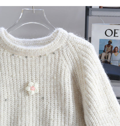 Heavy diamond-studded 3D flower pullover sweater ED0917