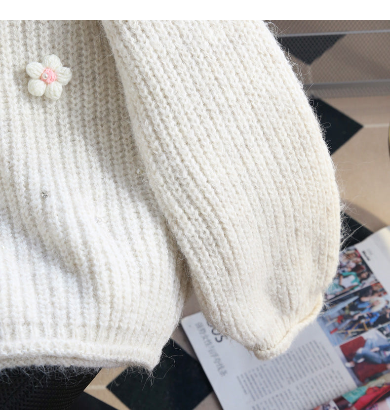 Heavy diamond-studded 3D flower pullover sweater ED0917