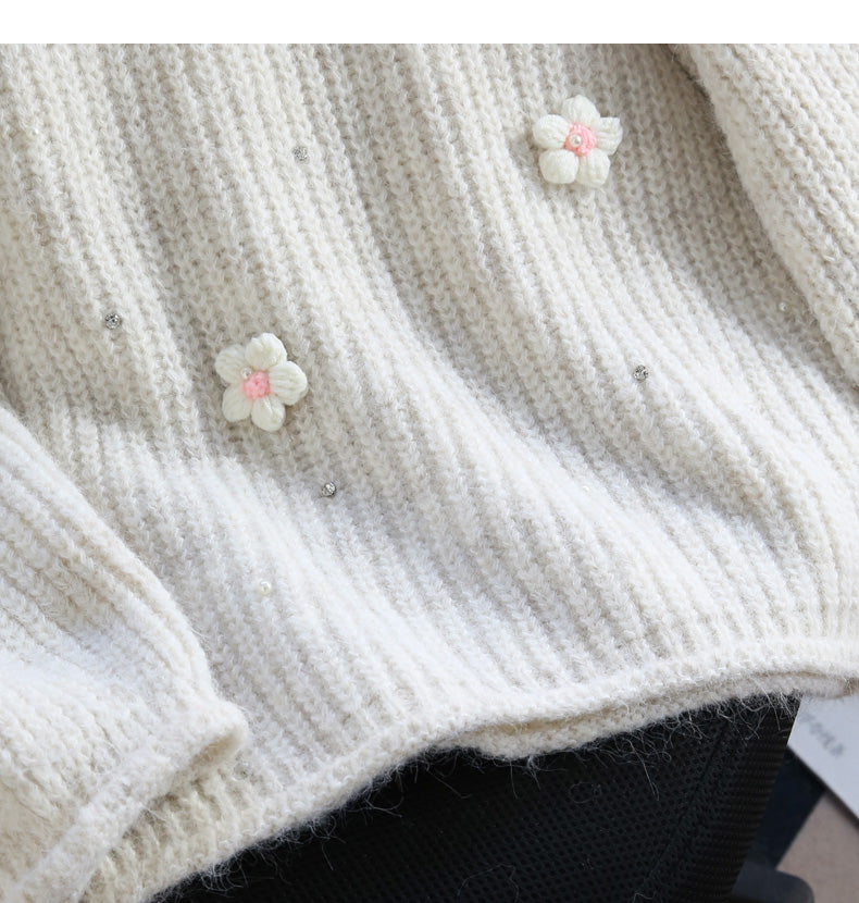 Heavy diamond-studded 3D flower pullover sweater ED0917