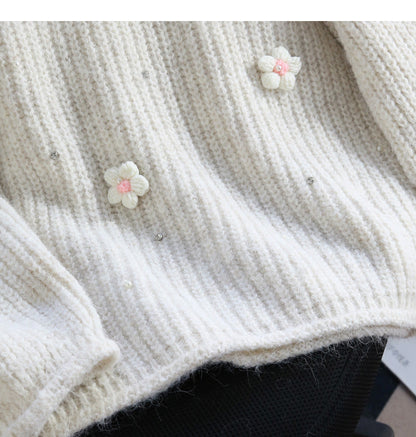 Heavy diamond-studded 3D flower pullover sweater ED0917