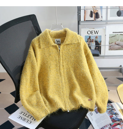 Warm Yellow Double Zipper Lapel Cardigan Sweater ED0922
