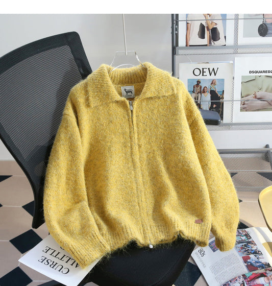 Warm Yellow Double Zipper Lapel Cardigan Sweater ED0922