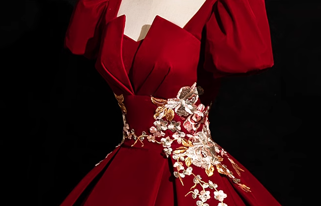 A-Line Short Sleeve Velvet Applique Burgundy Long Prom Dress ED0934