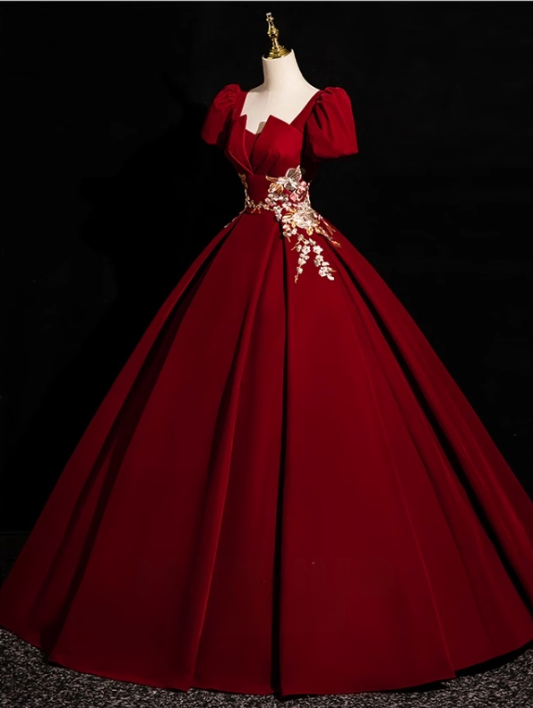 A-Line Short Sleeve Velvet Applique Burgundy Long Prom Dress ED0934