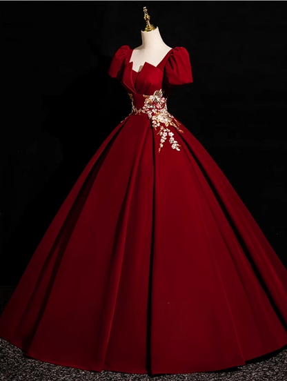 A-Line Short Sleeve Velvet Applique Burgundy Long Prom Dress ED0934