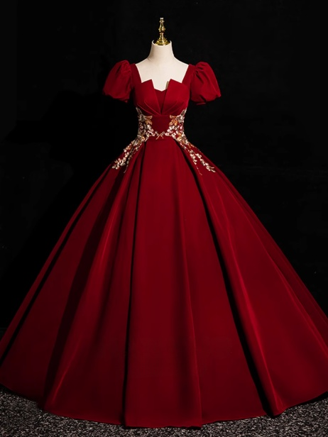 A-Line Short Sleeve Velvet Applique Burgundy Long Prom Dress ED0934