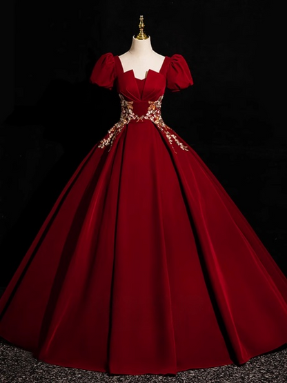 A-Line Short Sleeve Velvet Applique Burgundy Long Prom Dress ED0934