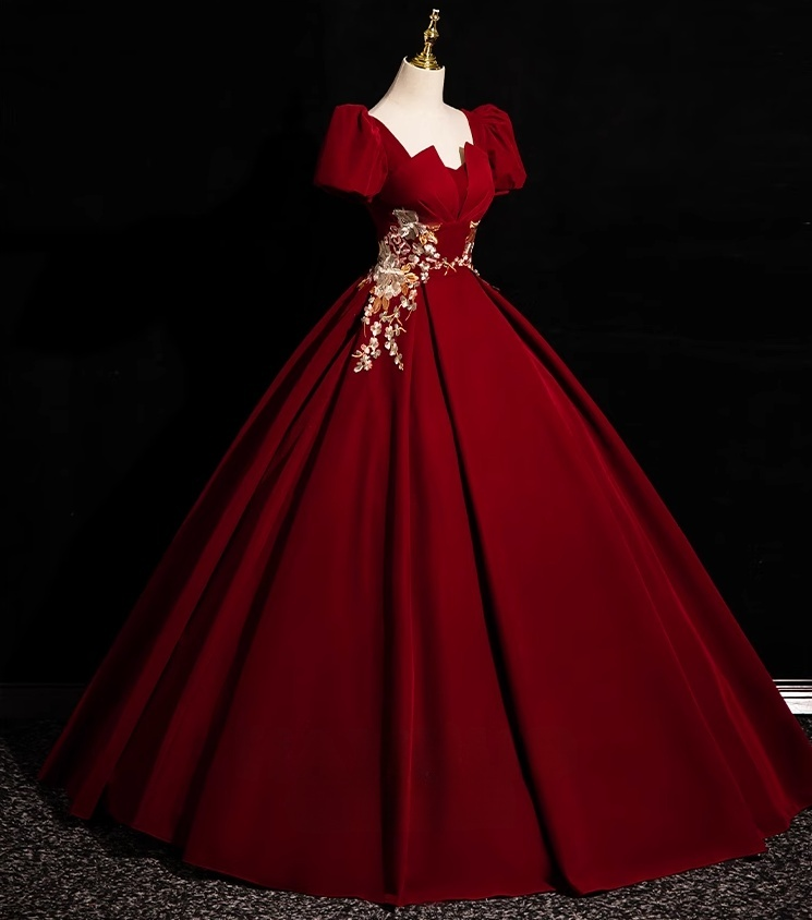 A-Line Short Sleeve Velvet Applique Burgundy Long Prom Dress ED0934