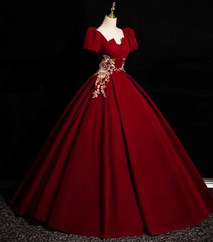 A-Line Short Sleeve Velvet Applique Burgundy Long Prom Dress ED0934