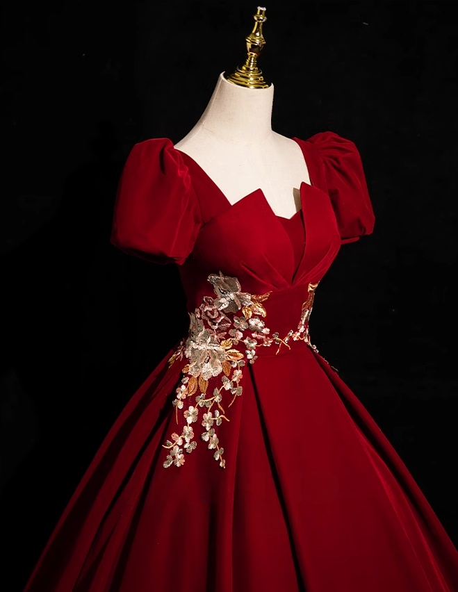 A-Line Short Sleeve Velvet Applique Burgundy Long Prom Dress ED0934