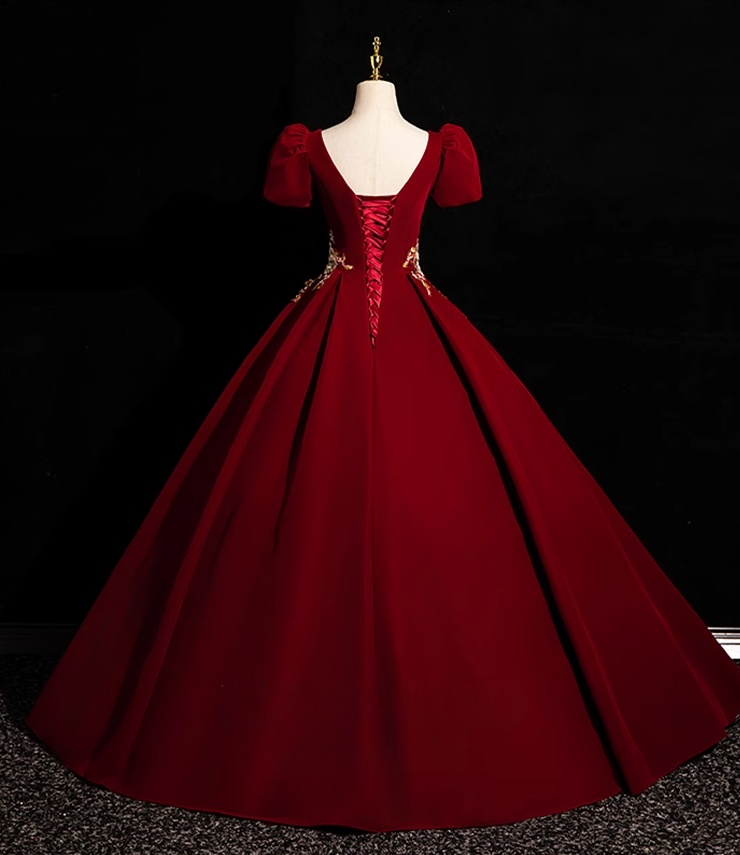 A-Line Short Sleeve Velvet Applique Burgundy Long Prom Dress ED0934
