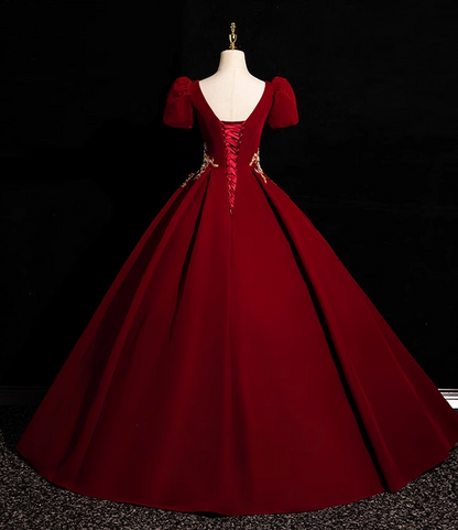 A-Line Short Sleeve Velvet Applique Burgundy Long Prom Dress ED0934