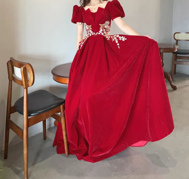A-Line Short Sleeve Velvet Applique Burgundy Long Prom Dress ED0934