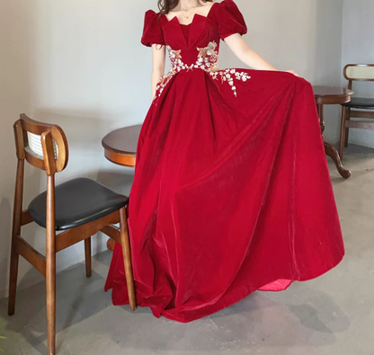 A-Line Short Sleeve Velvet Applique Burgundy Long Prom Dress ED0934
